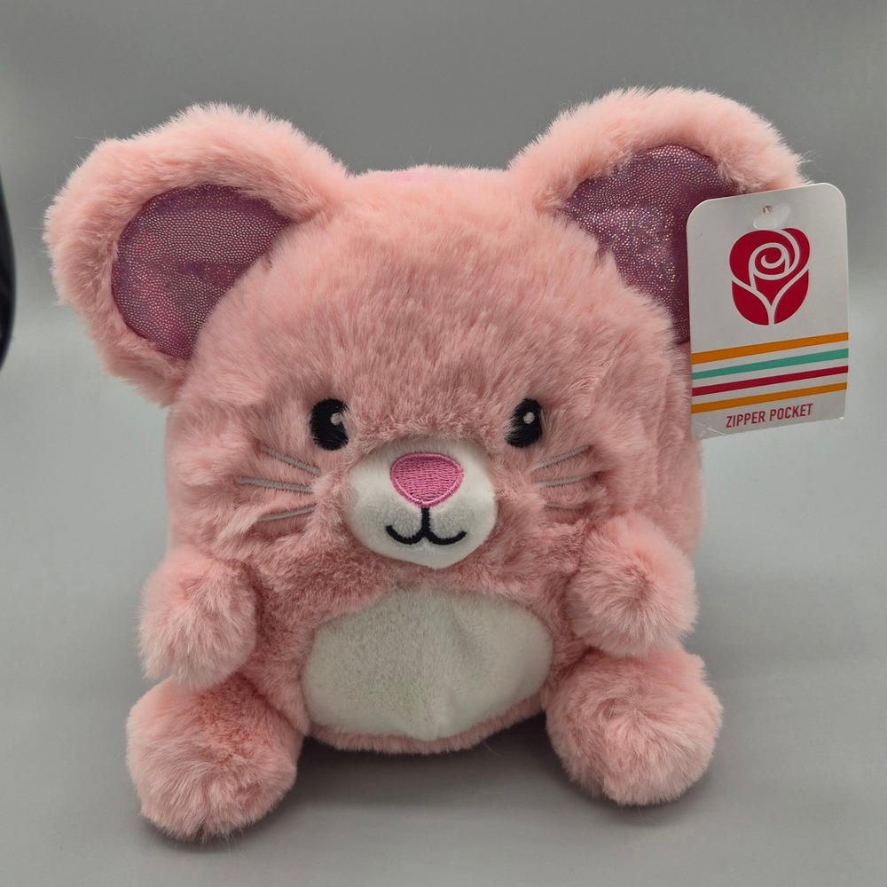 American Greetings Pink Mouse Plush Zipper Pocket Pouch Glitter Ears Tail NWT